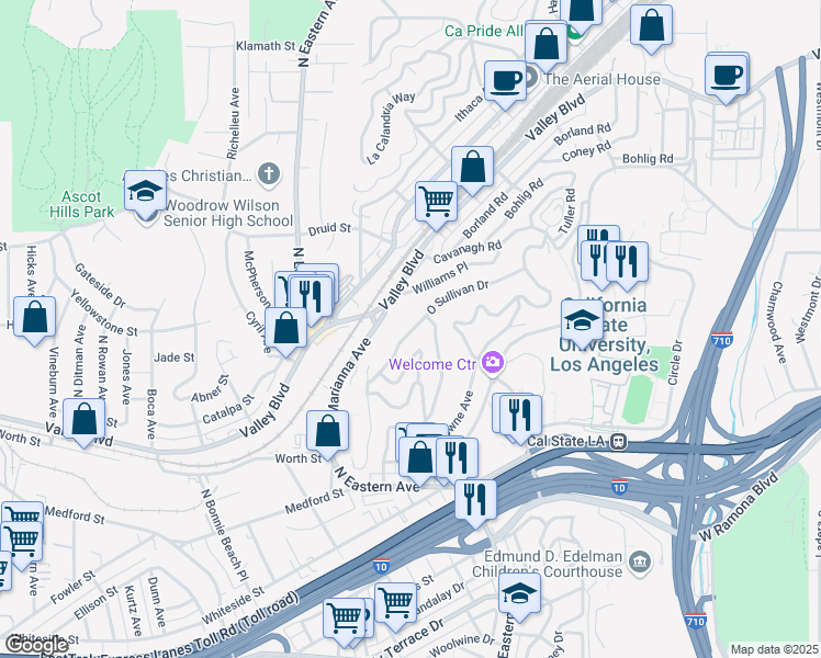map of restaurants, bars, coffee shops, grocery stores, and more near 4929 O Sullivan Drive in Los Angeles