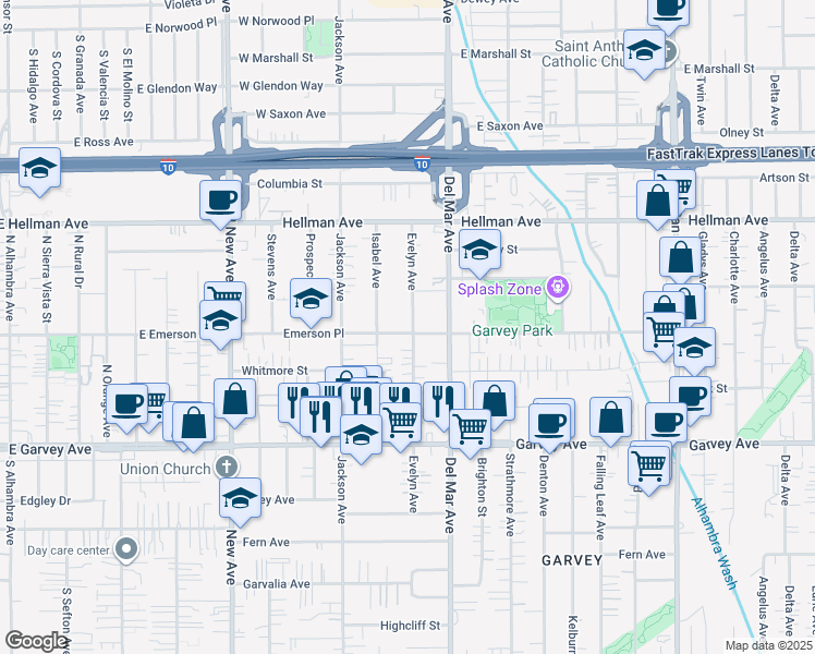 map of restaurants, bars, coffee shops, grocery stores, and more near 3207 Evelyn Avenue in Rosemead