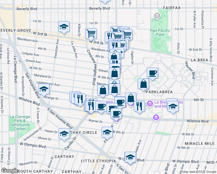 map of restaurants, bars, coffee shops, grocery stores, and more near 533 South Fairfax Avenue in Los Angeles