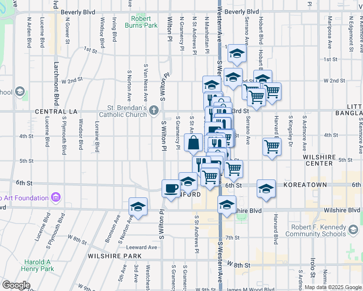 map of restaurants, bars, coffee shops, grocery stores, and more near 420 South Gramercy Place in Los Angeles