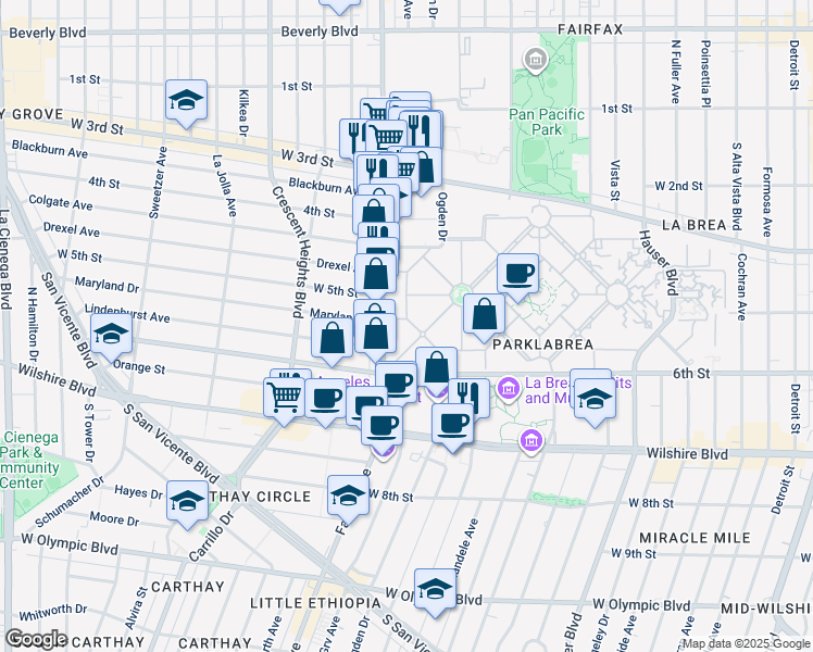 map of restaurants, bars, coffee shops, grocery stores, and more near 581 South Orange Grove Avenue in Los Angeles