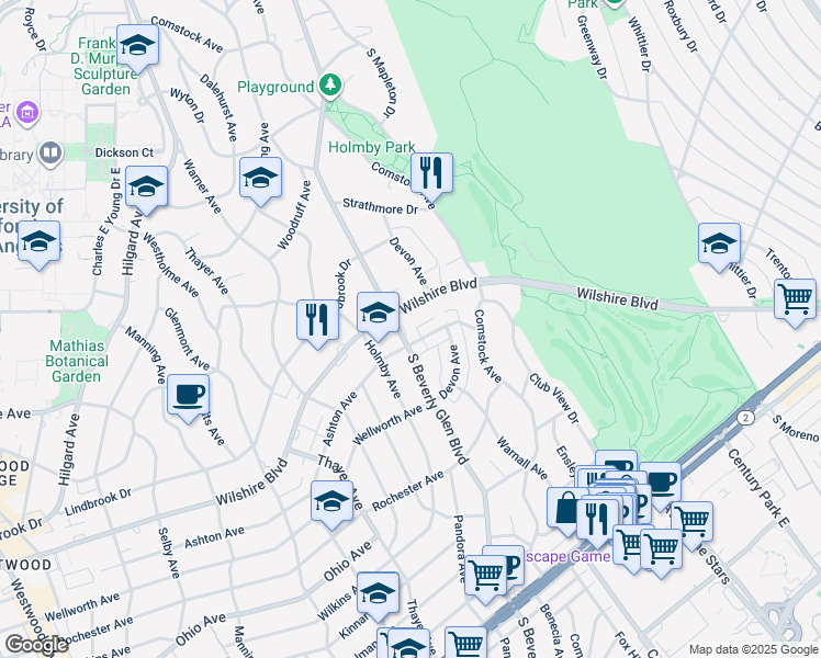 map of restaurants, bars, coffee shops, grocery stores, and more near 10390 Wilshire Boulevard in Los Angeles