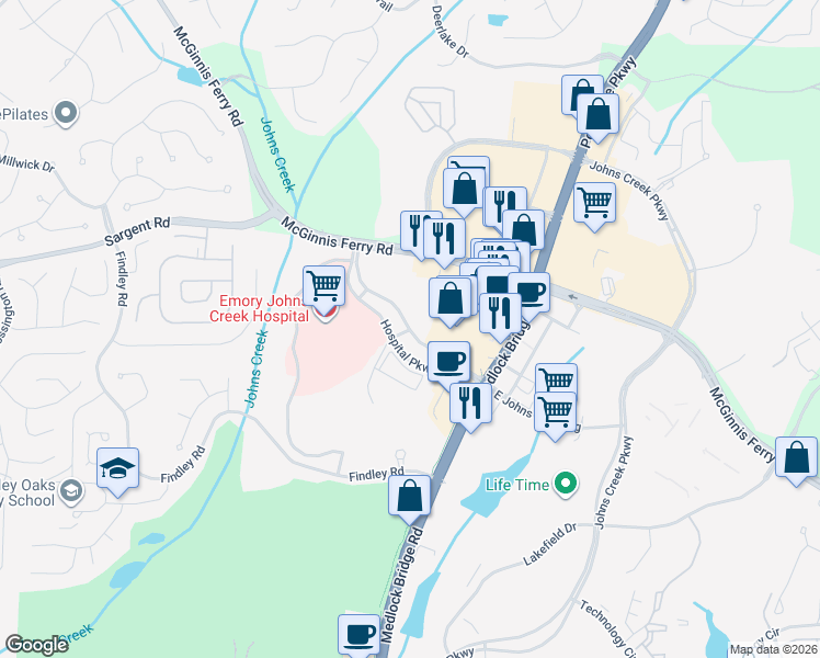 map of restaurants, bars, coffee shops, grocery stores, and more near Hospital Pkwy in Johns Creek