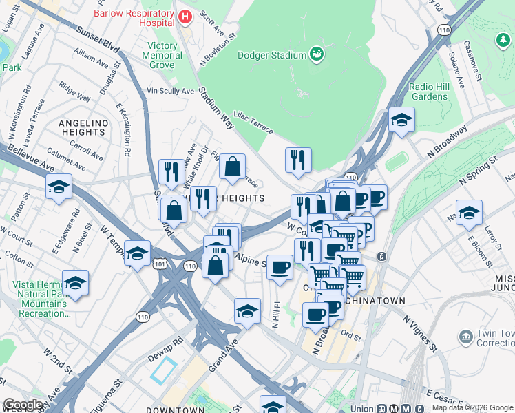 map of restaurants, bars, coffee shops, grocery stores, and more near 765 West College Street in Los Angeles