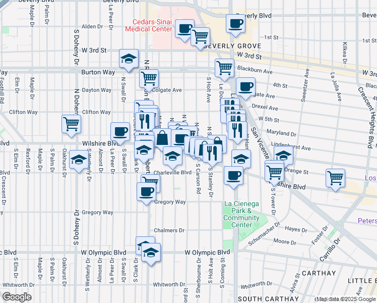 map of restaurants, bars, coffee shops, grocery stores, and more near in Beverly Hills