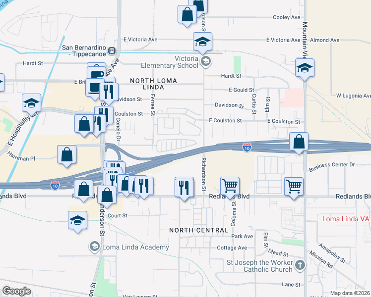 map of restaurants, bars, coffee shops, grocery stores, and more near 1485 Laurelwood Drive in San Bernardino