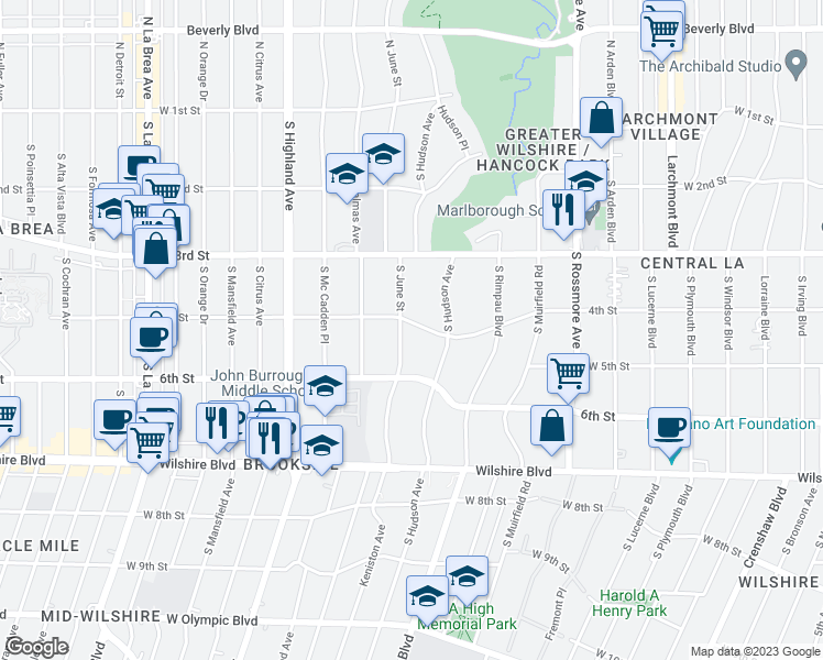 map of restaurants, bars, coffee shops, grocery stores, and more near 400 South June Street in Los Angeles