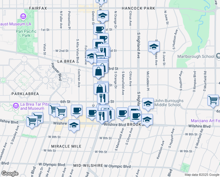 map of restaurants, bars, coffee shops, grocery stores, and more near 412 South Sycamore Avenue in Los Angeles