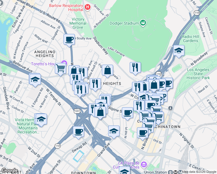map of restaurants, bars, coffee shops, grocery stores, and more near 918 West College Street in Los Angeles