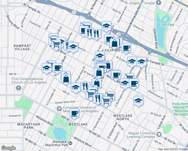 map of restaurants, bars, coffee shops, grocery stores, and more near 2211 West 2nd Street in Los Angeles
