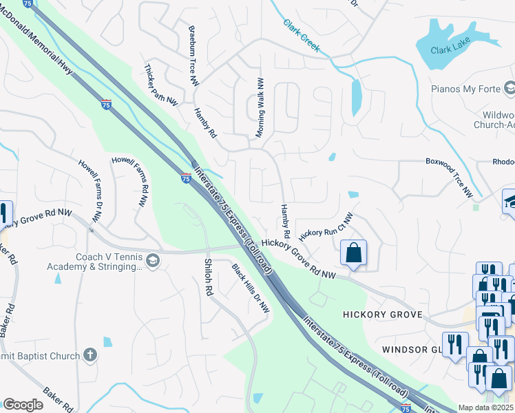 map of restaurants, bars, coffee shops, grocery stores, and more near 4757 Limestone Way in Acworth