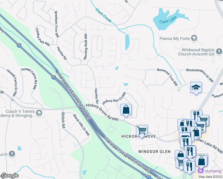 map of restaurants, bars, coffee shops, grocery stores, and more near 1839 Tranquil Field Drive Northwest in Acworth