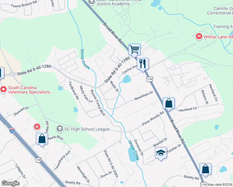 map of restaurants, bars, coffee shops, grocery stores, and more near 4605 Wade Street in Columbia
