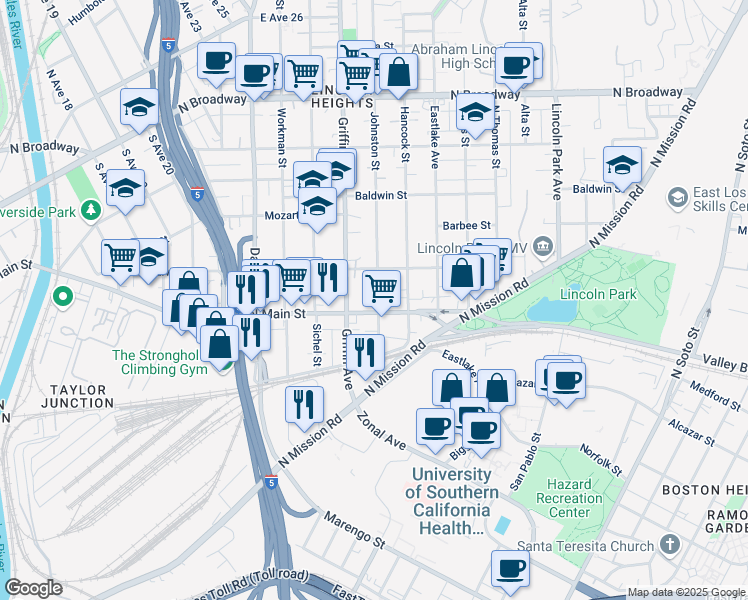 map of restaurants, bars, coffee shops, grocery stores, and more near 1913 Johnston Street in Los Angeles