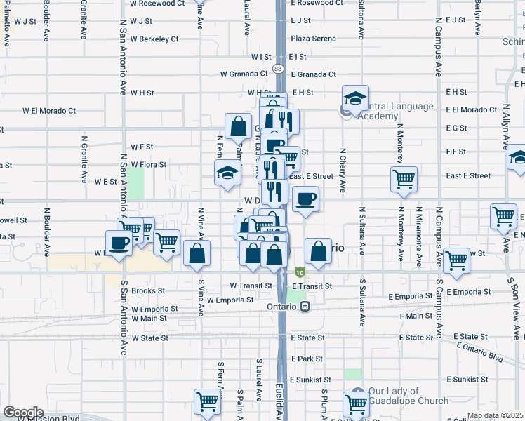 map of restaurants, bars, coffee shops, grocery stores, and more near 324 North Laurel Avenue in Ontario