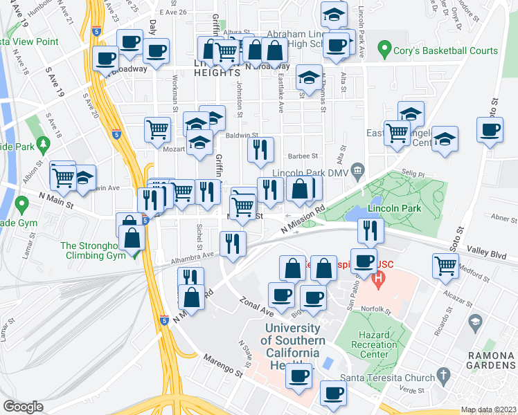 map of restaurants, bars, coffee shops, grocery stores, and more near 1915 Hancock Street in Los Angeles