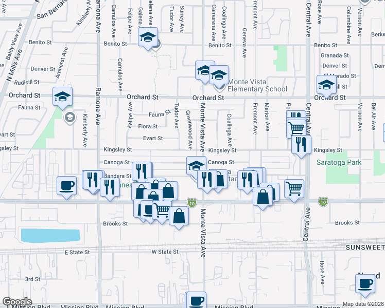 map of restaurants, bars, coffee shops, grocery stores, and more near 4867 Kingsley Street in Montclair