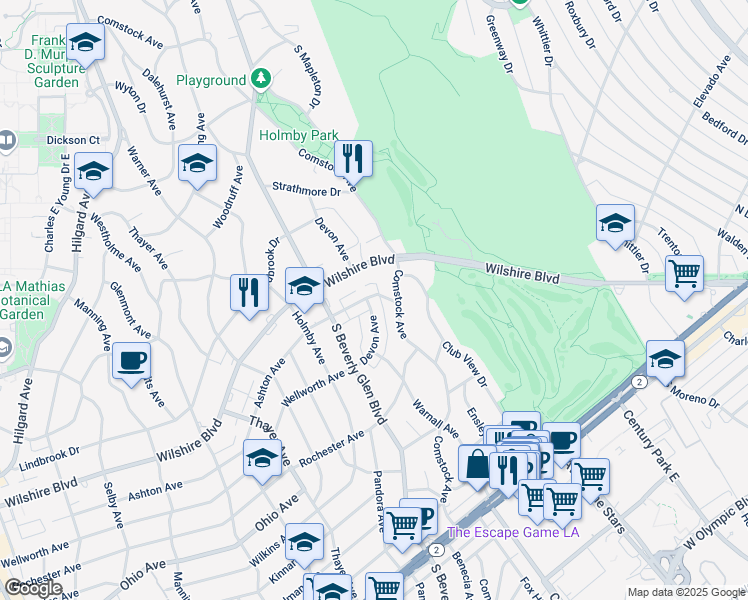 map of restaurants, bars, coffee shops, grocery stores, and more near 10330 Ashton Avenue in Los Angeles