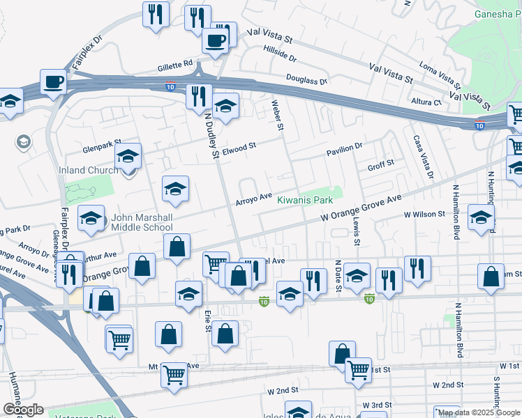 map of restaurants, bars, coffee shops, grocery stores, and more near 1411 Ashport Street in Pomona