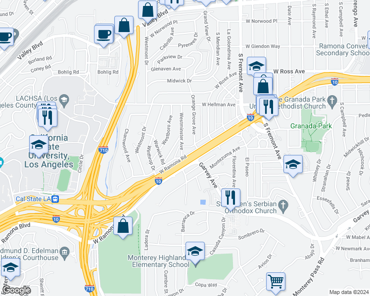 map of restaurants, bars, coffee shops, grocery stores, and more near 2300 Westminster Avenue in Alhambra
