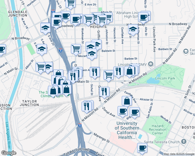 map of restaurants, bars, coffee shops, grocery stores, and more near 1911 Griffin Avenue in Los Angeles