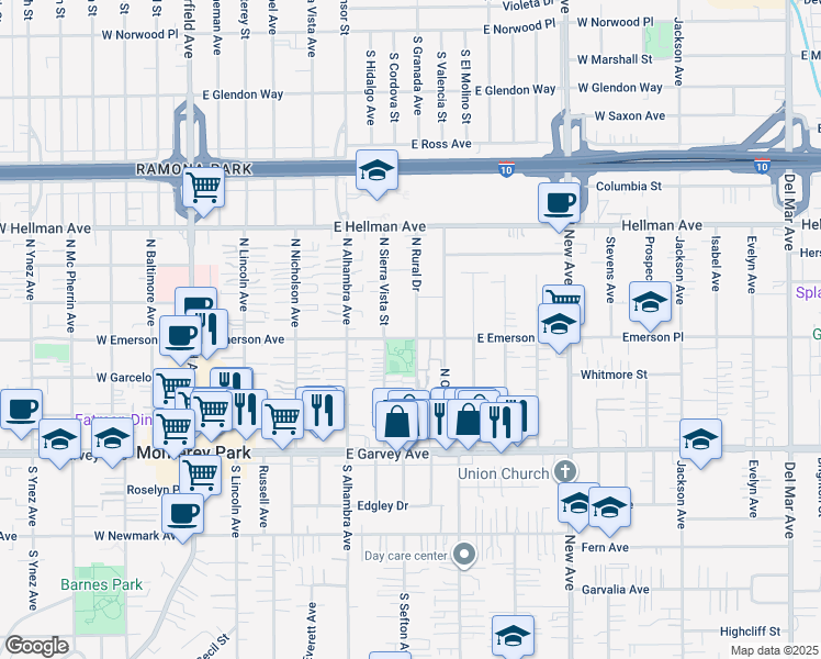 map of restaurants, bars, coffee shops, grocery stores, and more near 405 North Rural Drive in Monterey Park