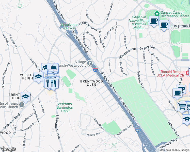 map of restaurants, bars, coffee shops, grocery stores, and more near 11336 Montana Avenue in Los Angeles