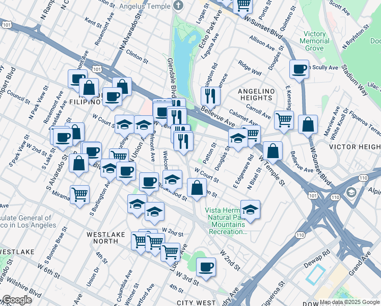 map of restaurants, bars, coffee shops, grocery stores, and more near 329 Laveta Terrace in Los Angeles