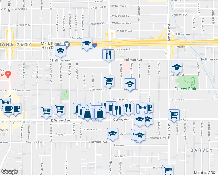 map of restaurants, bars, coffee shops, grocery stores, and more near 407 New Avenue in Monterey Park