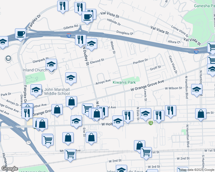 map of restaurants, bars, coffee shops, grocery stores, and more near 1403 Ashport Street in Pomona