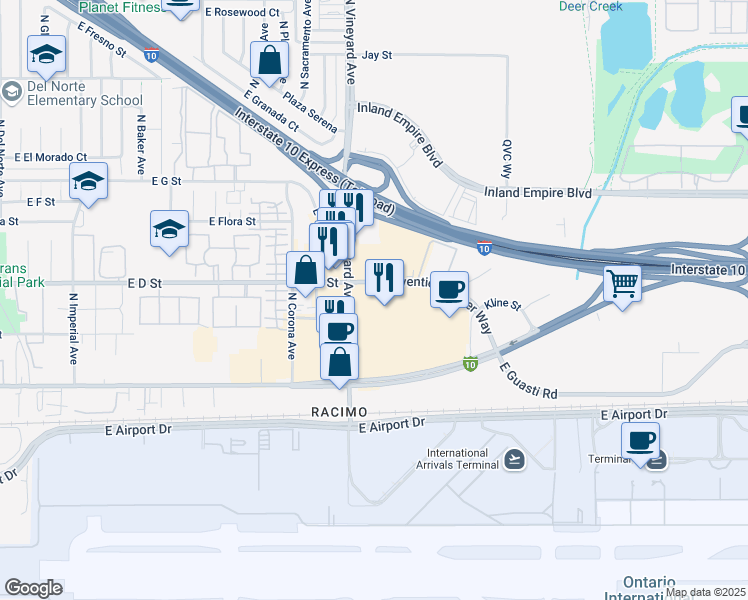 map of restaurants, bars, coffee shops, grocery stores, and more near 222 North Vineyard Avenue in Ontario