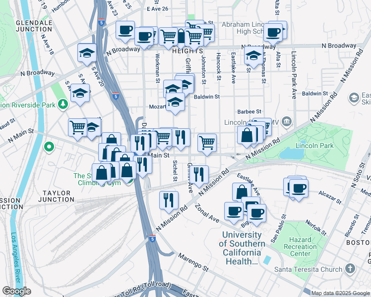 map of restaurants, bars, coffee shops, grocery stores, and more near 1911 Griffin Avenue in Los Angeles