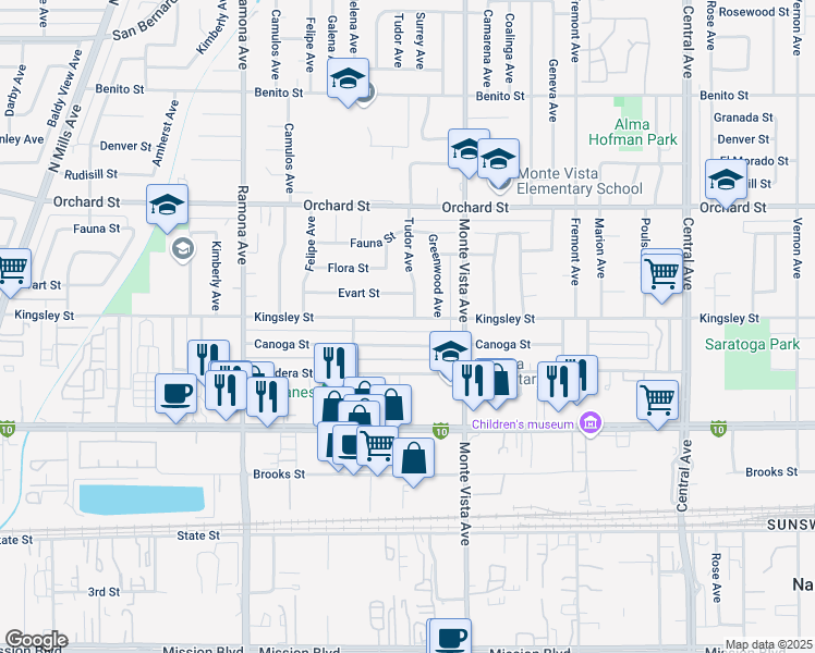 map of restaurants, bars, coffee shops, grocery stores, and more near 4793 Kingsley St in Montclair