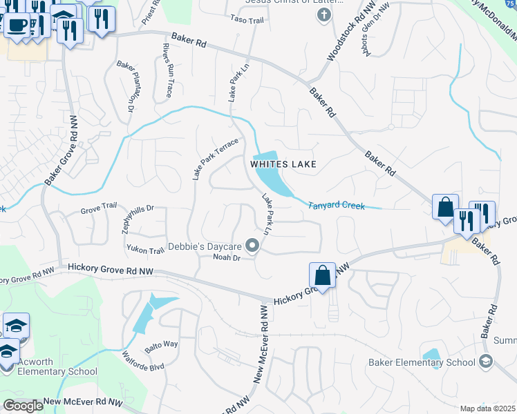map of restaurants, bars, coffee shops, grocery stores, and more near 2744 Lake Park Ridge W in Acworth