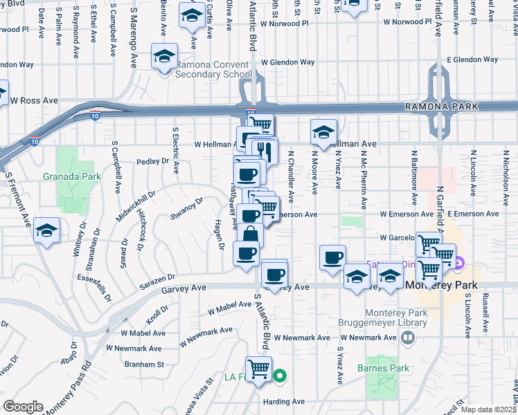 map of restaurants, bars, coffee shops, grocery stores, and more near 412 North Atlantic Boulevard in Monterey Park