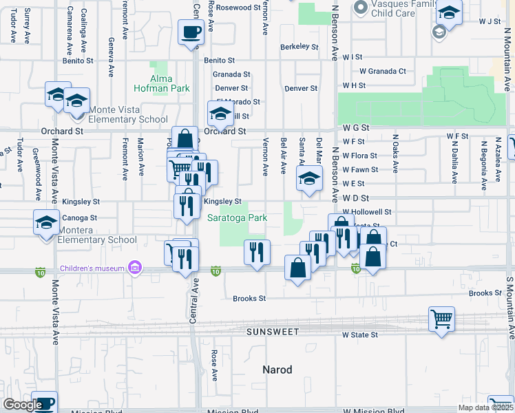 map of restaurants, bars, coffee shops, grocery stores, and more near 10320 Vernon Avenue in Montclair