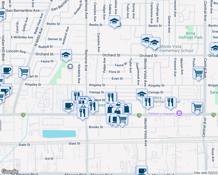 map of restaurants, bars, coffee shops, grocery stores, and more near 4661 Kingsley Street in Montclair