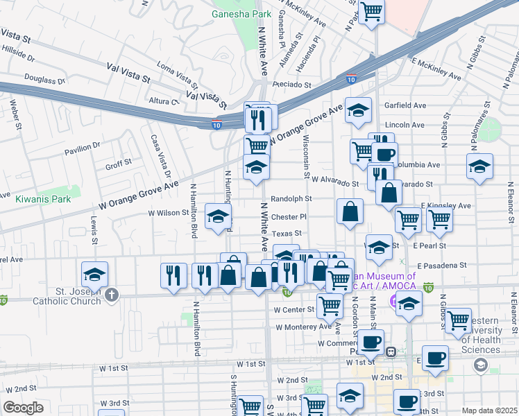 map of restaurants, bars, coffee shops, grocery stores, and more near 966 North White Avenue in Pomona