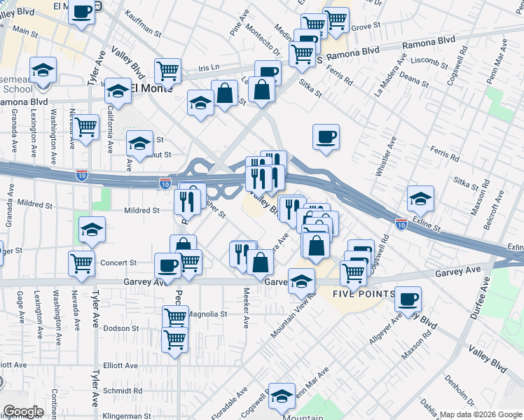 map of restaurants, bars, coffee shops, grocery stores, and more near 11634 Valley Boulevard in El Monte
