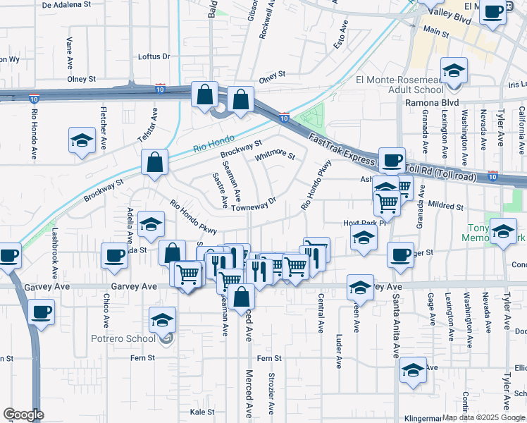 map of restaurants, bars, coffee shops, grocery stores, and more near 10038 Towneway Drive in El Monte
