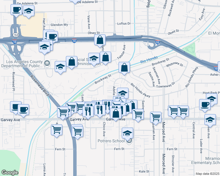map of restaurants, bars, coffee shops, grocery stores, and more near 3203 Adelia Avenue in El Monte