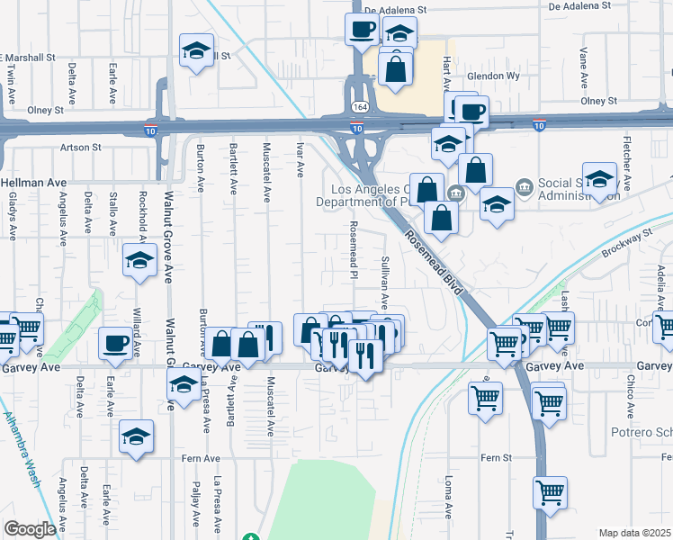 map of restaurants, bars, coffee shops, grocery stores, and more near 8951 Emerson Place in Rosemead