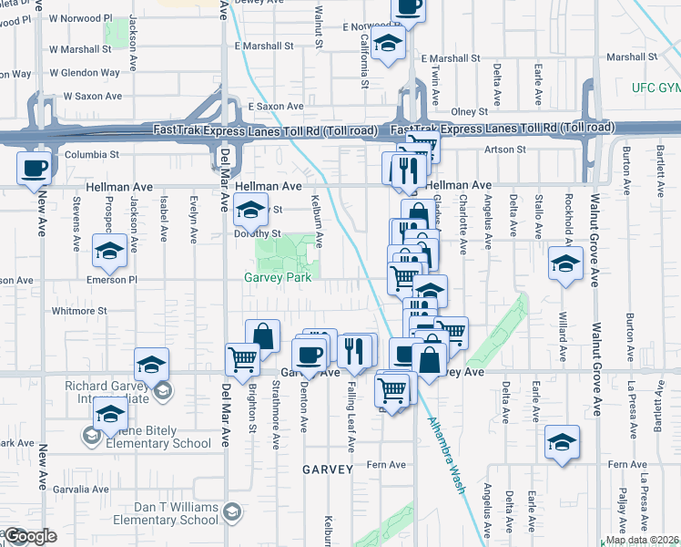 map of restaurants, bars, coffee shops, grocery stores, and more near 8045 Emerson Place in Rosemead