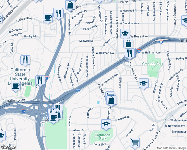 map of restaurants, bars, coffee shops, grocery stores, and more near 2300 Westminster Avenue in Alhambra