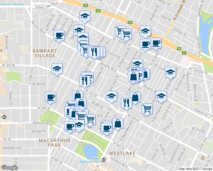 map of restaurants, bars, coffee shops, grocery stores, and more near 227 South Park View Street in Los Angeles