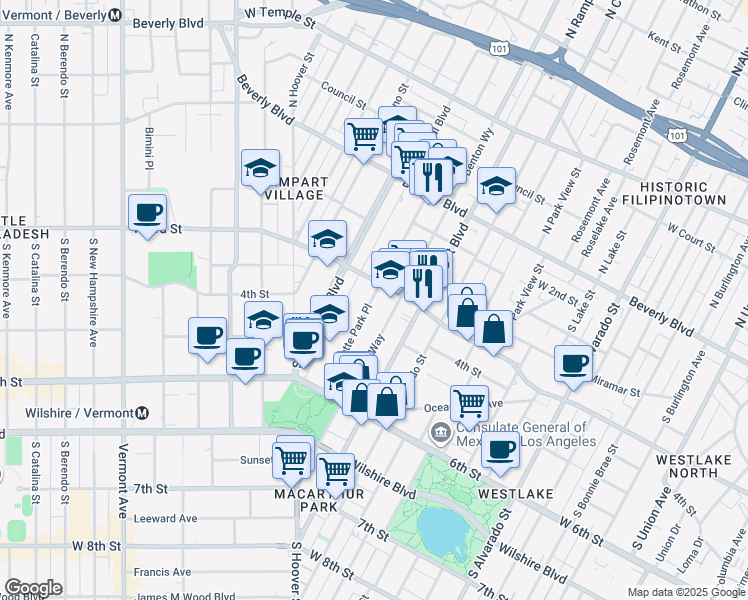 map of restaurants, bars, coffee shops, grocery stores, and more near 310 South La Fayette Park Place in Los Angeles