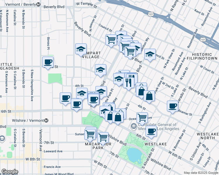 map of restaurants, bars, coffee shops, grocery stores, and more near 310 South La Fayette Park Place in Los Angeles