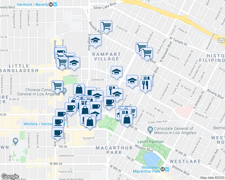 map of restaurants, bars, coffee shops, grocery stores, and more near 400 South Hoover Street in Los Angeles