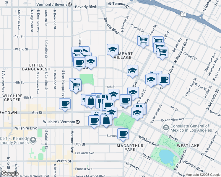 map of restaurants, bars, coffee shops, grocery stores, and more near 3028 West 4th Street in Los Angeles