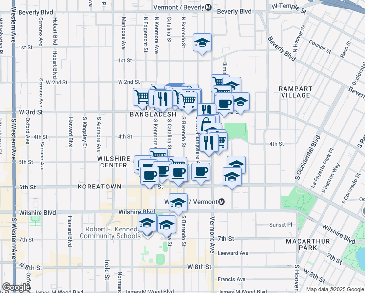 map of restaurants, bars, coffee shops, grocery stores, and more near 433 South Berendo Street in Los Angeles